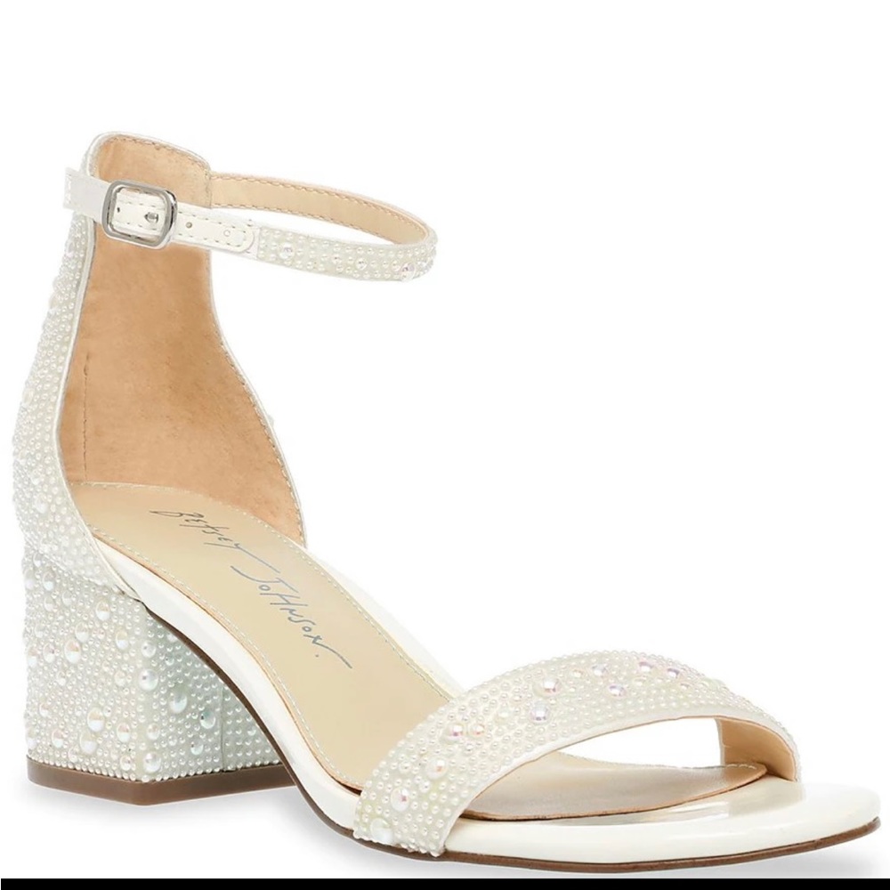 Blue by Betsey Johnson Mari Ankle Strap Embellished Block Heel Dress Sandals.